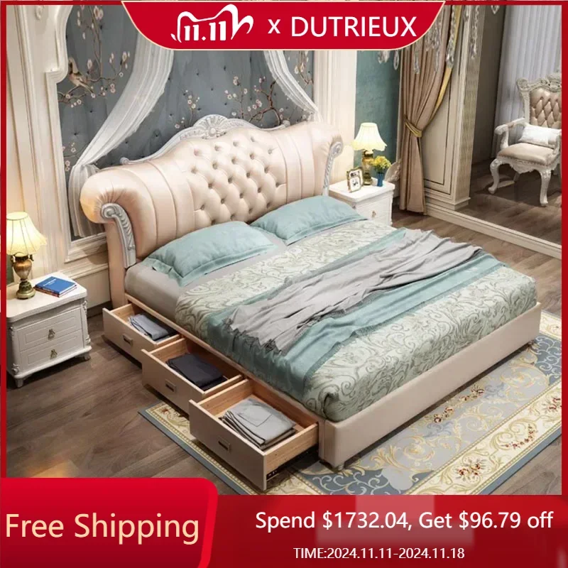 

King Luxury Double Bed Frame Nordic Wood Drawers Headboard Queen Size Frame Bed Girl Sleeping Cama Matrimonio Bedroom Furniture