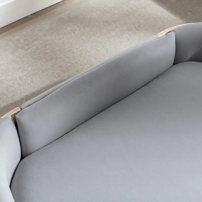 أريكة سكاندي المرتفعة لسرير الكلاب مع أرجل خشبية صلبة، ظهر خشبي منحني، وسادة مخملية، مقاس كبير #5