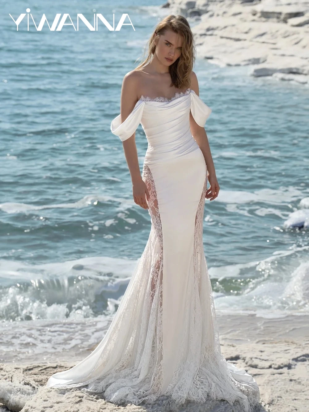 ชุดแต่งงานลูกไม้แบบเปิดไหล่ ดีไซน์หรูหรา สายเดี่ยวผ้าซาตินทรงเมอร์เมด ชุดเจ้าสาวแบบยาว  ชุดแต่งงานสั่งตัดใหม่สำหรับเจ้าสาว