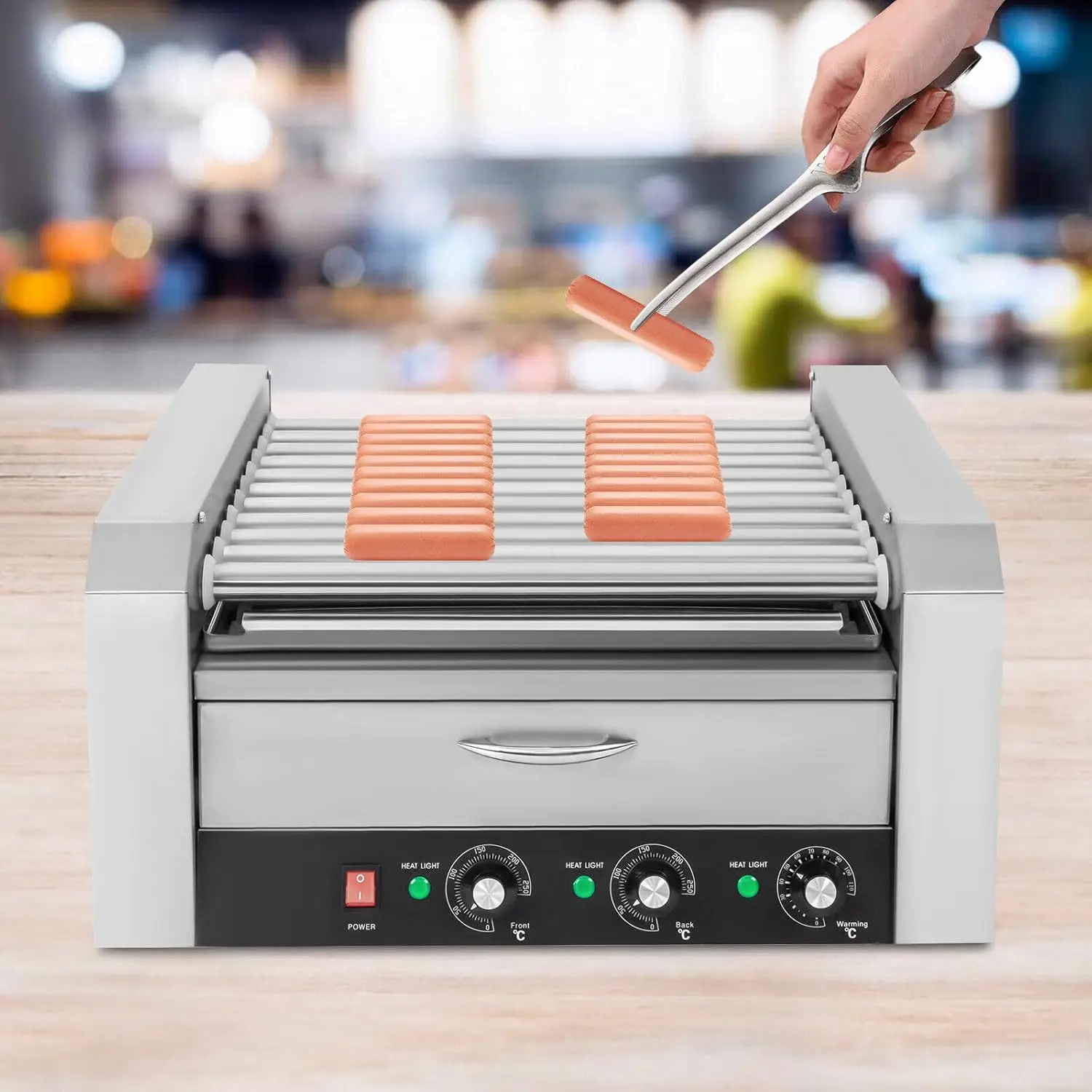 Hot Dog Roller, 1560W Commercial Electric 30 Hot Dog 11 Roller Grill Cooker Machine W/Bun Warmer, Independent Temperature