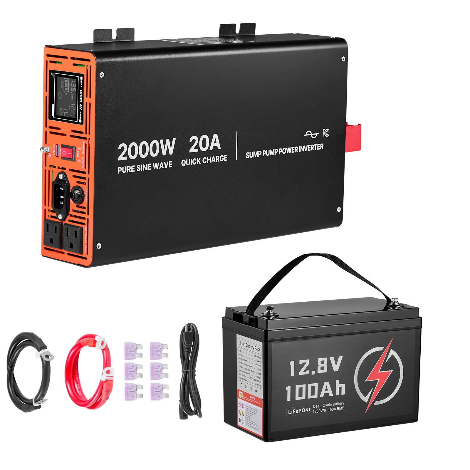 SucceBuy 2000W Sump Pump Battery Bundle 100Ah LiFePO4 Auto Switch Inverter Pure Sine Wave LCD Display Basement Emergency Power
