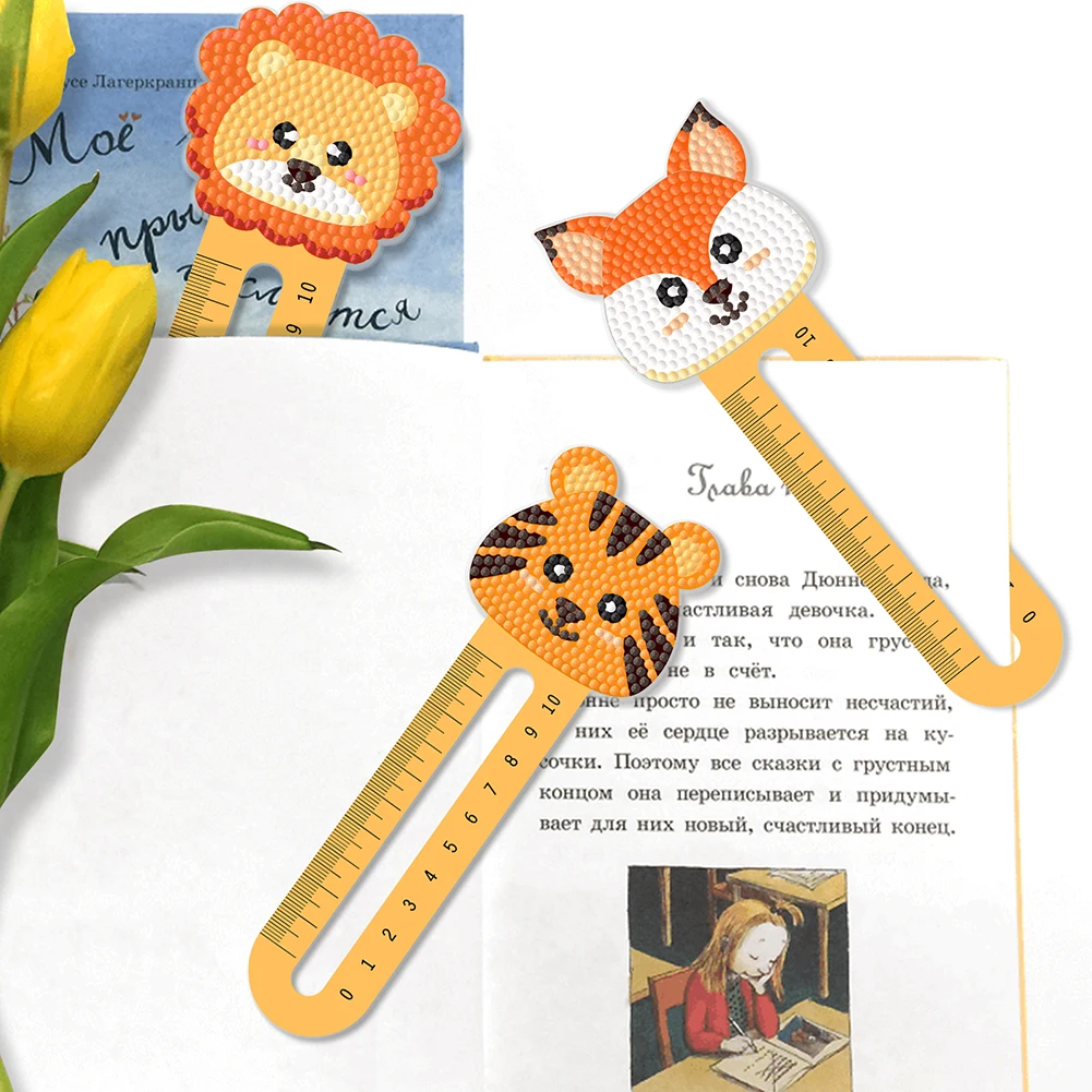6Pcs PET Cartoon Animals 5D DIY Diamond Art Ruler Book Mark DIY Creative Diamond Ruler Bookmark for Reading Day Gift
