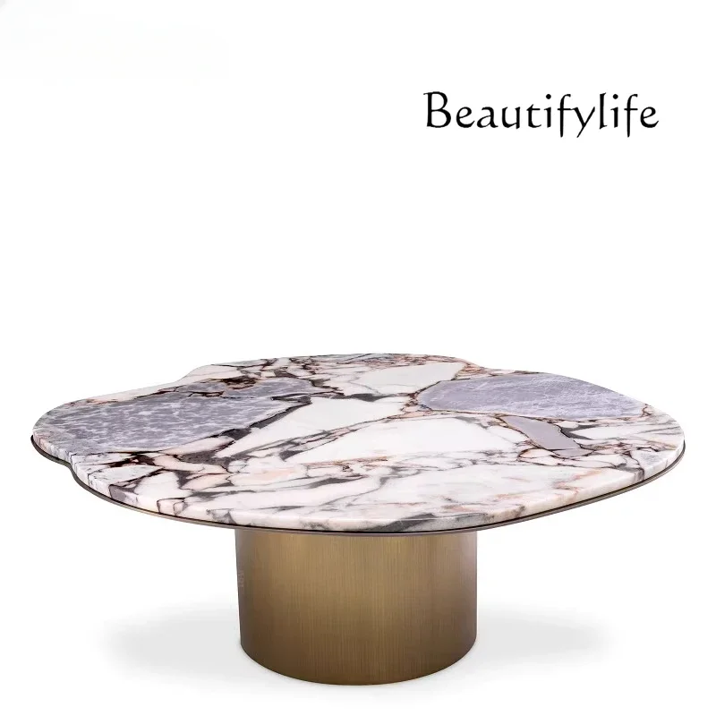 D Modern Simple Light Luxury Natural Elephant White Marble Coffee Table Living Room Household Round Coffee Table Tea Table