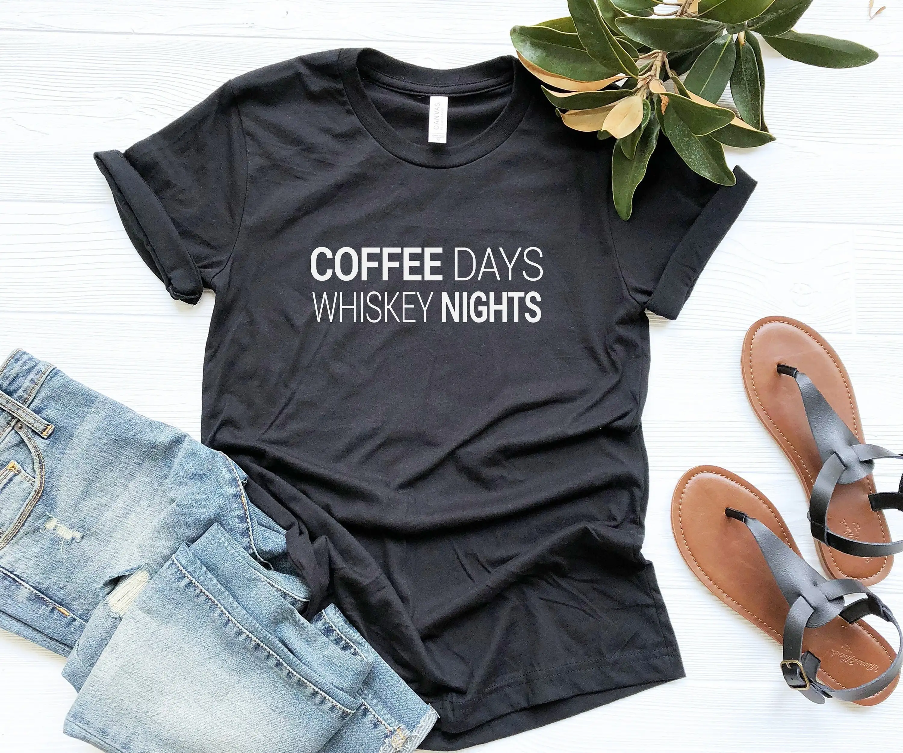 

Coffee Day Whiskey Night Funny Slogan T Shirt For Drinking Her
