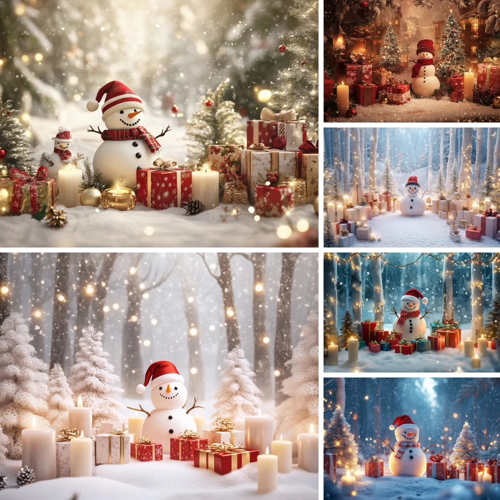 Christmas Tree Snowman Theme Background Photography Snow Shiny Pentagram Gift Baby Party Wooden Wall Shooting Prop Studio Banner