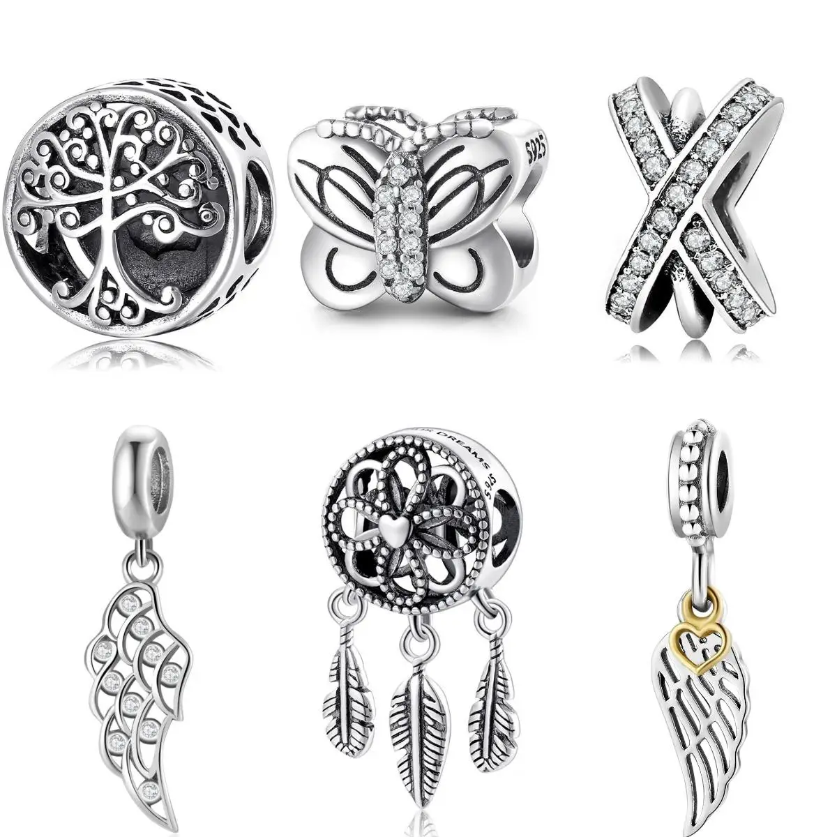 925 Sterling Silver Wings of Angel 925 Sterling Silver Life Tree Dream Catcher Pendant Beads Fit Origina Bracelet Jewelry Making