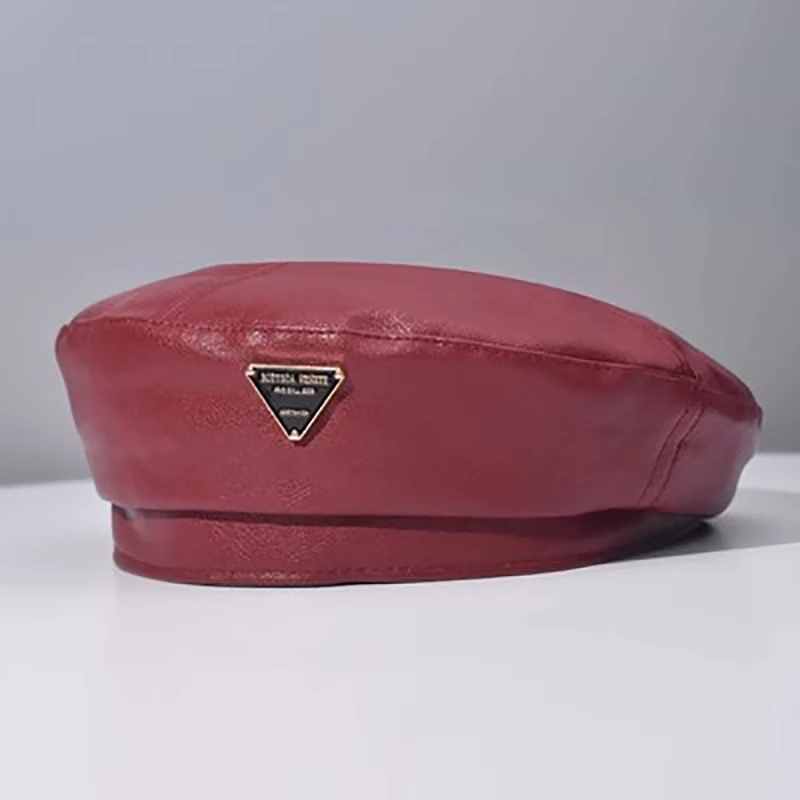 

New Net Celebrity Triangle Mark PU Leather Beret Children Spring And Winter Retro Everything British Wind Bud Painter Hat Tide