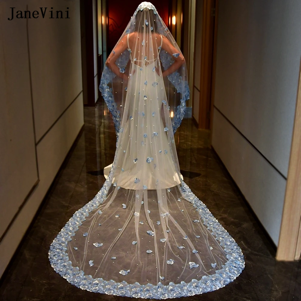 

JaneVini Luxury Light Blue Lace Flower Edge 1 Layer Bridal Veils with Comb Cathedral Tulle Veil Pearls Wedding Hair Accessories
