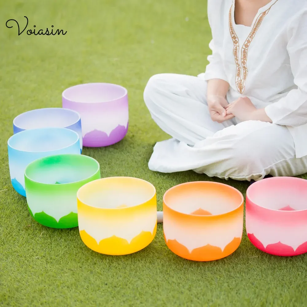 

Набор из 7 шт. Lotus Singing Bowls Voiasin Chakra Frosted Quartz Crystal Музыкальные инструменты 432 Гц 440 Гц с набором сумок
