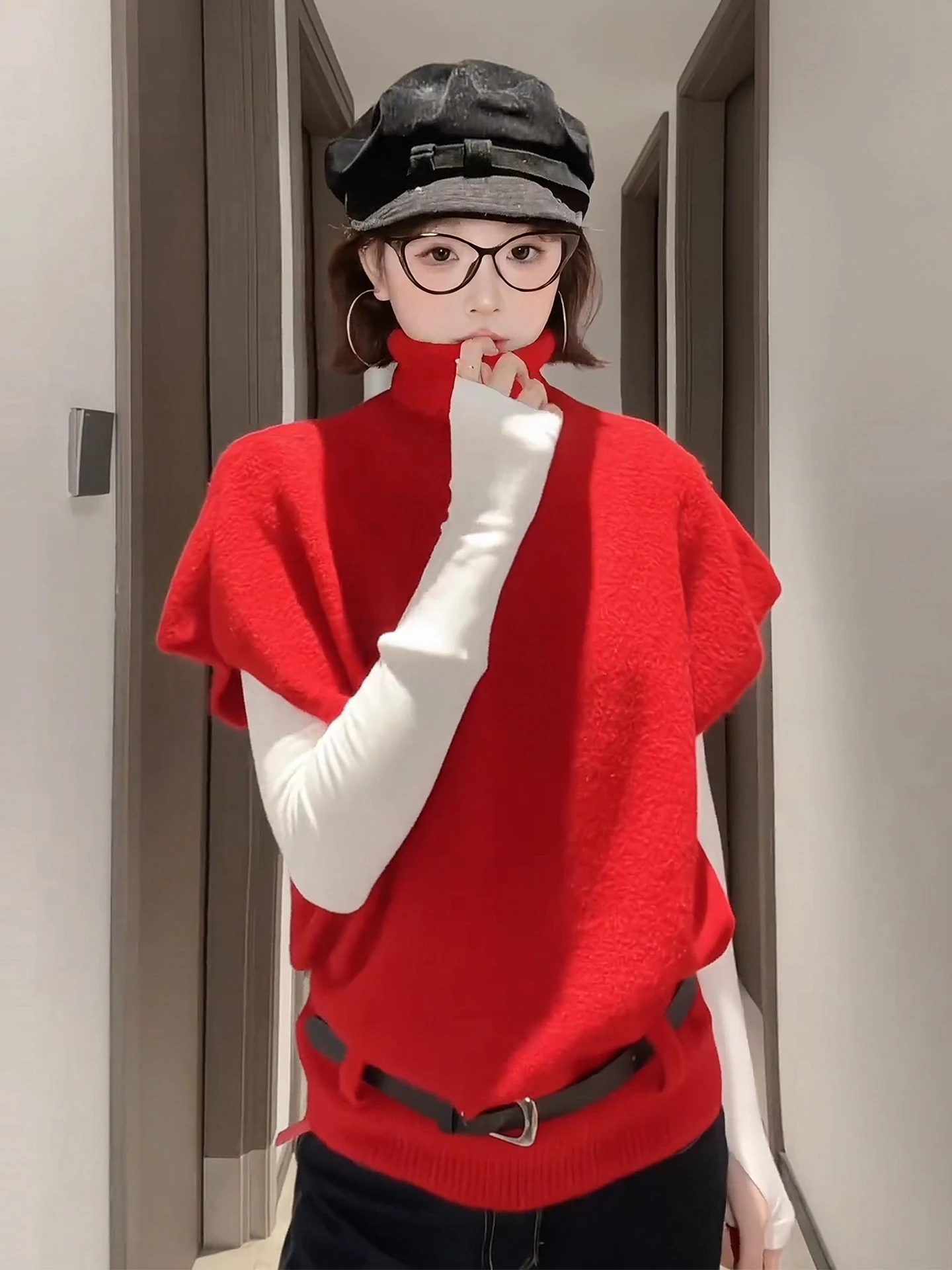 

Женский вязаный жилет Cisas Theme с высоким воротником-хомутом, красный, зимний, модный, свободного кроя, с поясом