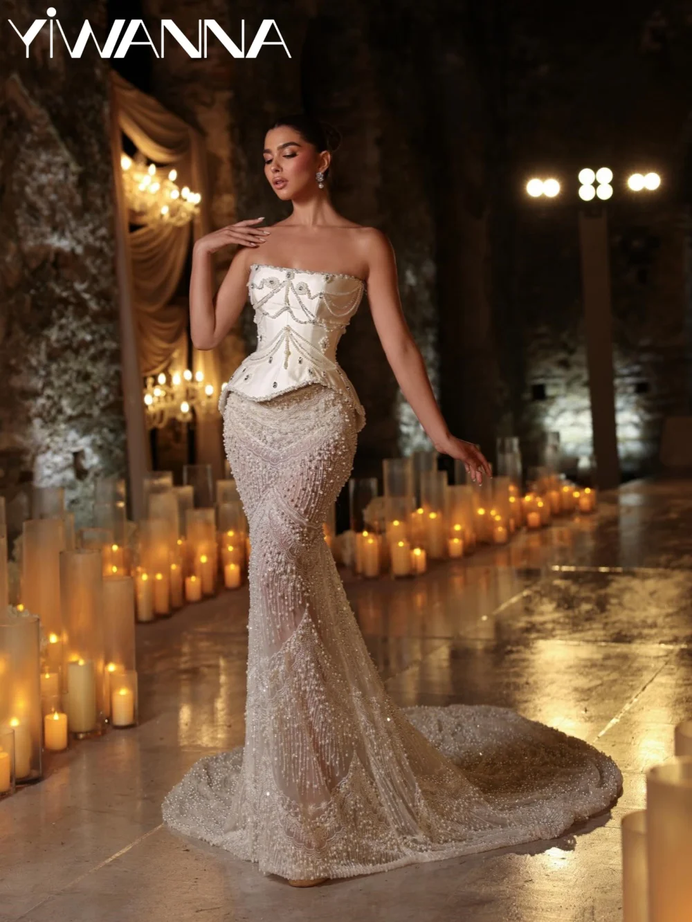 

Glimmering Pearls Mermaid Wedding Dress Structured Corset Illusion Bridal Gown Customized Long Luxurious Dresses For Bride