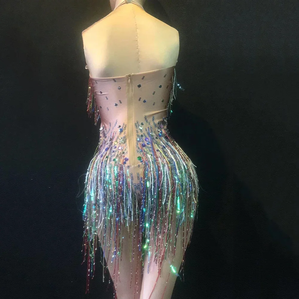 Body sans manches à paillettes multicolores pour femmes, col licou, franges colorées, serré, extensible, vêtements de scène en boîte de nuit