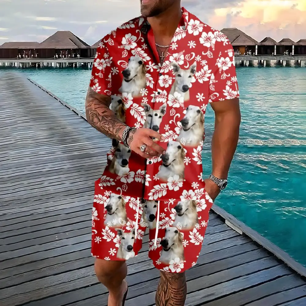 Set hawaiani Palm Tree Cute Dog Cats Button Shirts Shorts Summer Florals Colors Beach Hipster Streetwear tuta apparel uomo