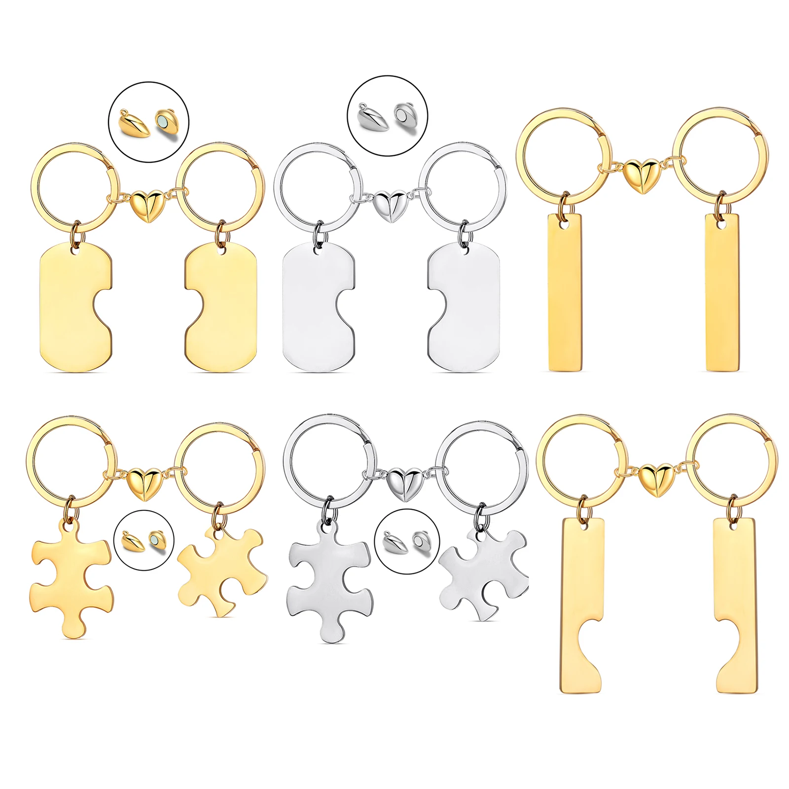 2pcs Custom Stainless Steel Jigsaw Puzzle Piece Matching Pendant Keychain Set Couple Jewelry with Magnet buckle Charm