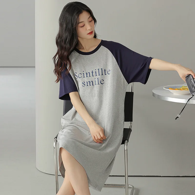 Pure Cotton Short Sleeve Sleep Dress Women's Summer Lightweight Home Clothes Comfortable Casual Mid-Length Dress