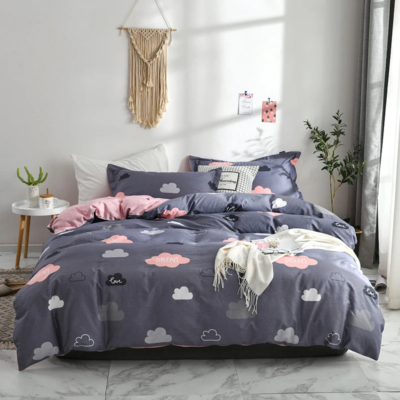 

2022 New Long-staple Cotton Four-piece Bed Sheet Star And Moon Pattern Plain Cotton Bedding Light Luxury Style Gray Pink Color