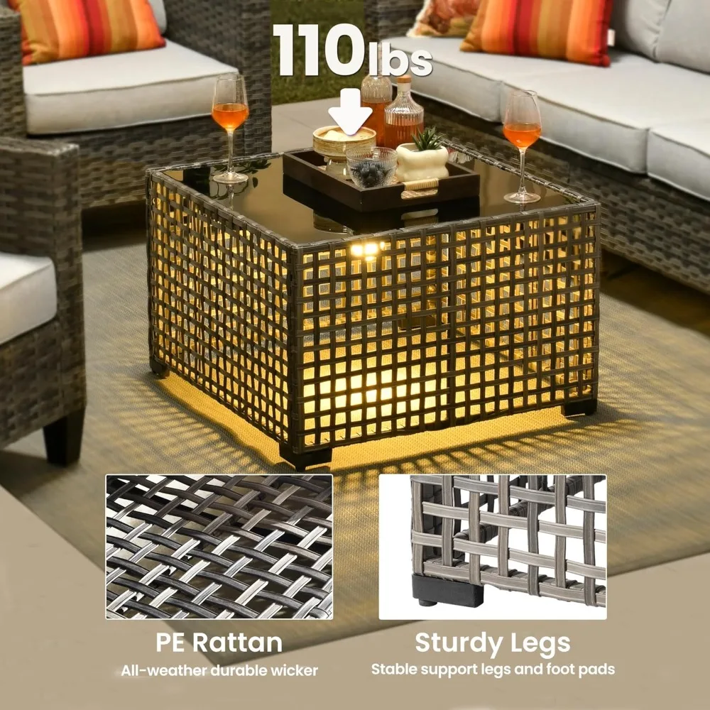 

Outdoor Side Table with Tempered Glass Top, Patio Wicker Rattan Solar Lights Tables for All-Weather Porch Deck, Customized