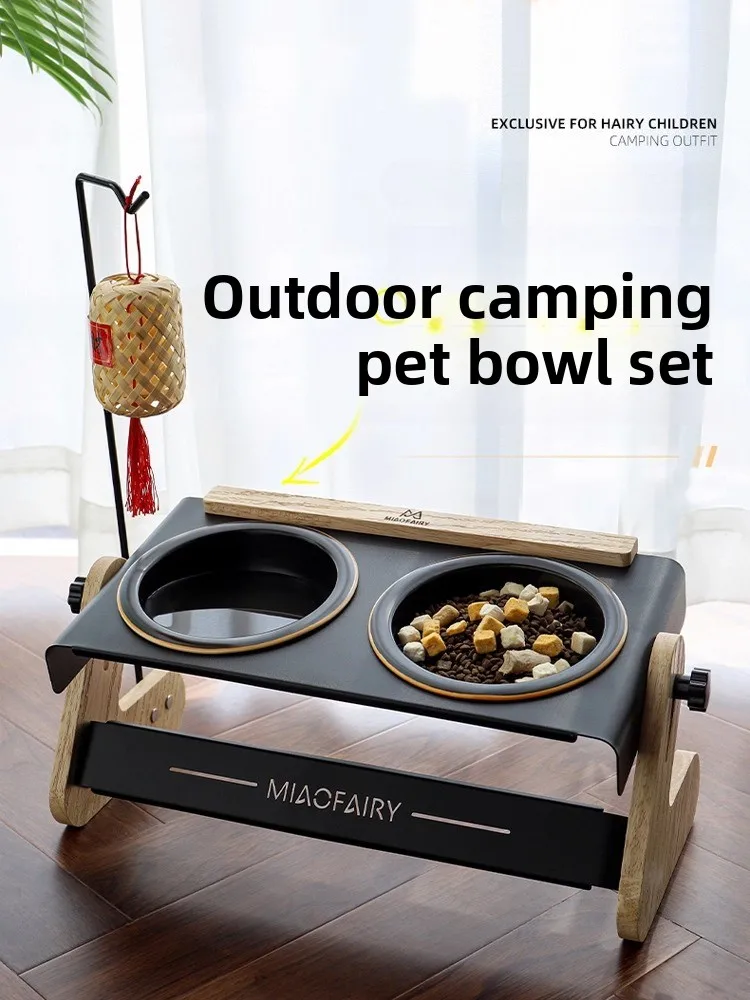 

Solid Wood Cat Bowl Stand Ceramic Double Bowl Adjustable Inclined Neck Protection Anti-Tip Pet Food Dish