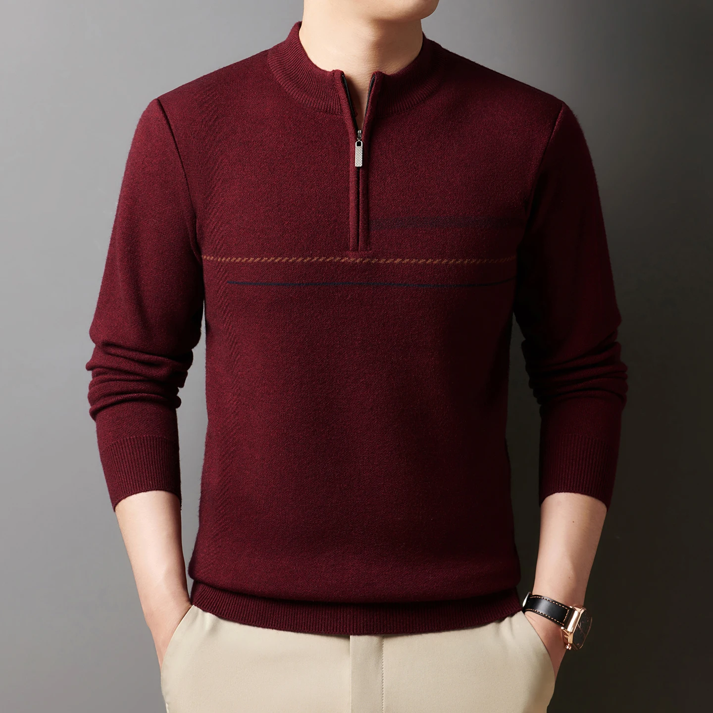 

Свитер мужской зимний толстый теплый полувысокий воротник на молнии наряд для папы среднего и пожилого возраста вязаный шерстяной свитер для отца
