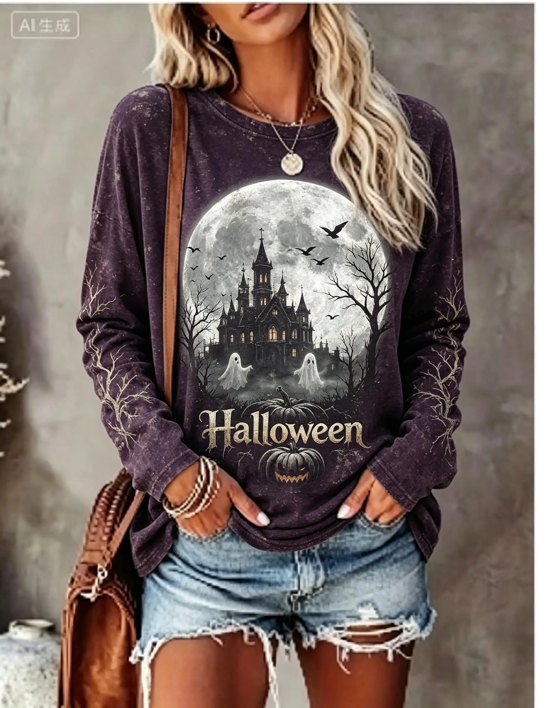 Women Halloween Long Sleeve T‑Shirt Full Moon Haunted Castle Bat Rose Gothic Print Crew Neck Tops