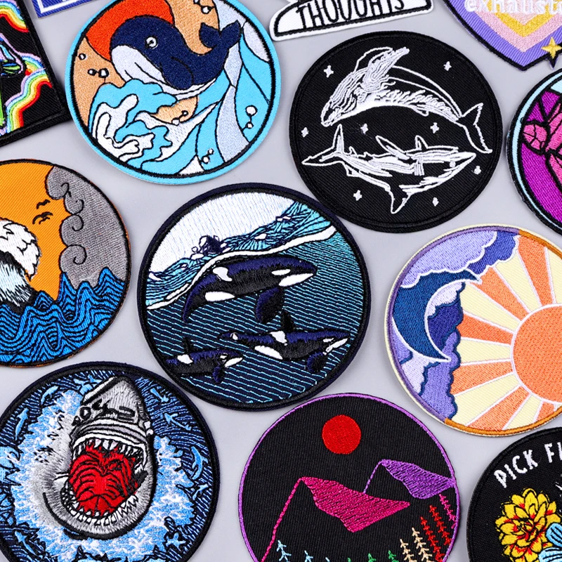 Wave/Delphin Shark Patch Outdoor Stickerei Patch Eisen auf Patches für Kleidung Thermo kleber Patches auf Kleidung Näh applikation