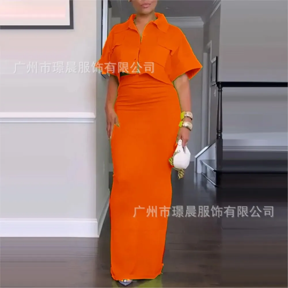 ฤดูร้อน 2025 ใหม่ผู้หญิง 2 ชิ้นชุดสีทึบสั้นเสื้อสเวตเตอร์ถัก + เซ็กซี่กระโปรงสะโพก Slim Workwear ชุดกระโปรง