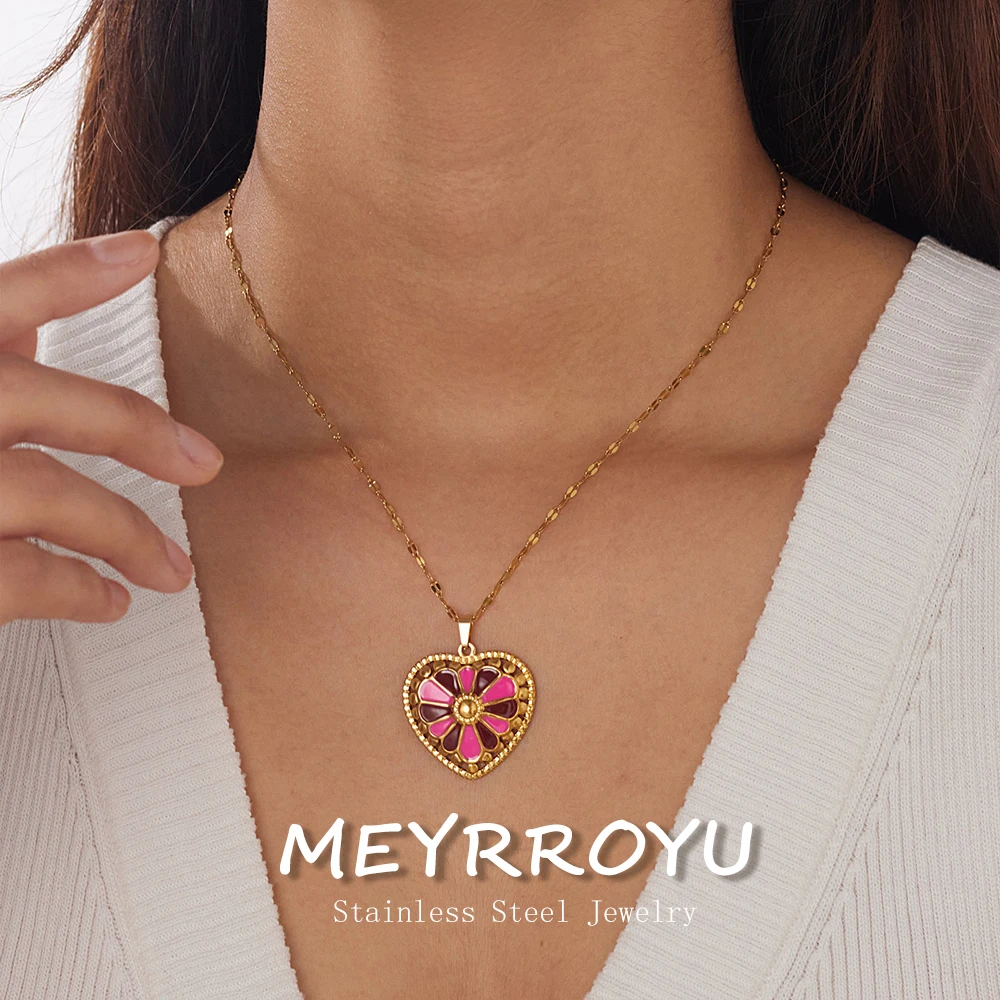 MEYRROYU 316L Stainless Steel Colorful Boho Enamel Heart Flower Pendant Necklace for Women Non-fading Fashion Jewelry Glamorous