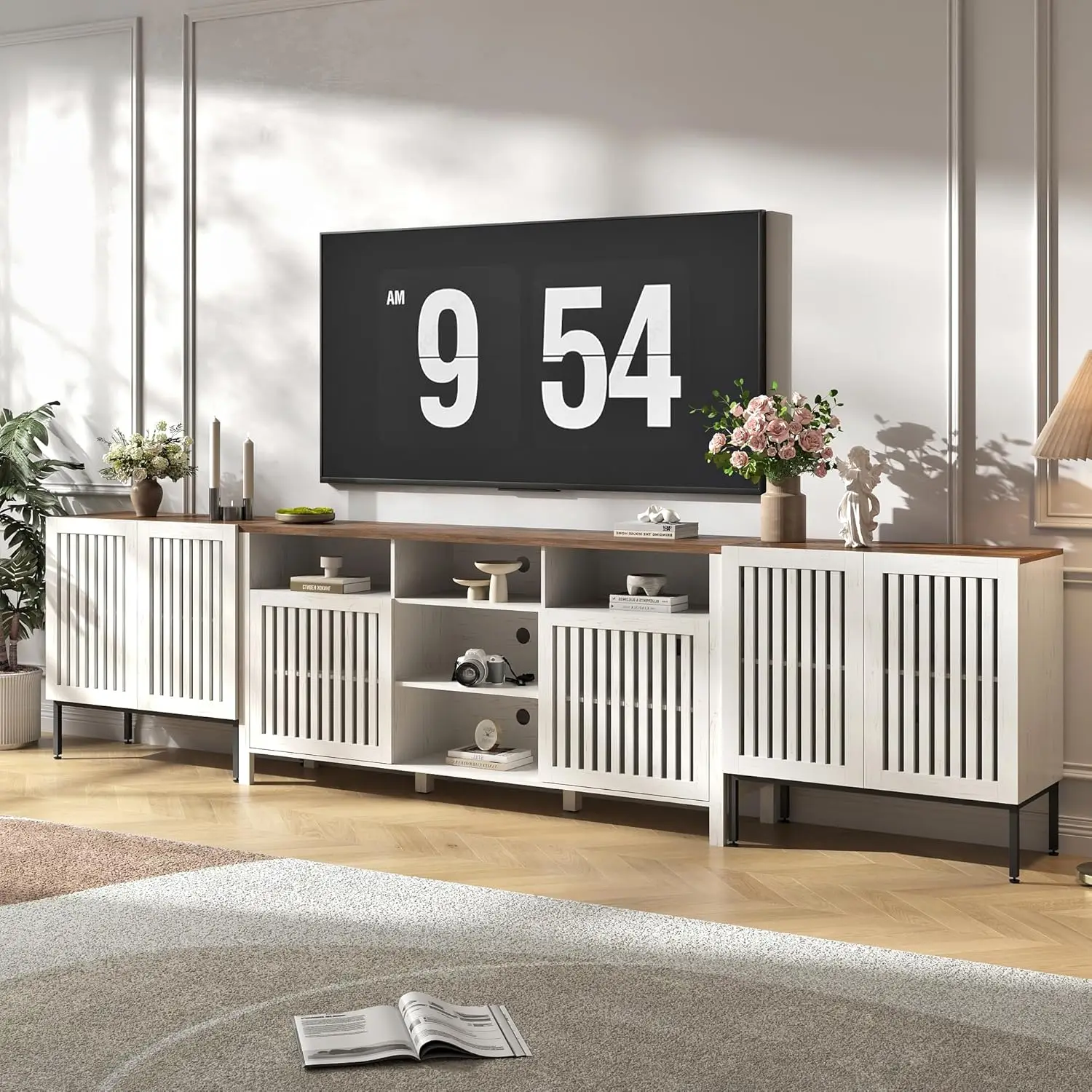 

Antique White Farmhouse TV Stand Entertainment Center Storage Cabinet Adjustable Shelves Living Room 100 Inch,Customized