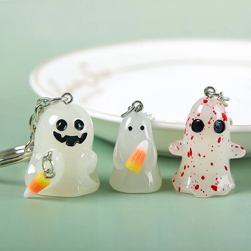 Halloween Charms Resin Glow In Dark Keychain 3D Ghost With Corn Candy Pumpkin Keychain Pendant