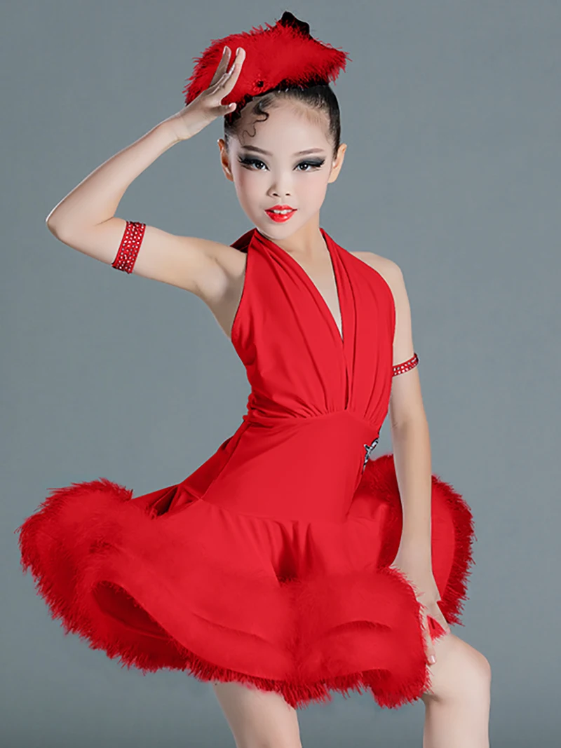 Strój do tańca latynoamerykańskiego dla dzieci, dziewczęcy kombinezon z halterem w kolorze białym i duże spódnice z piór, kostiumy profesjonalne do samby i rumby w stylu kowbojskim.