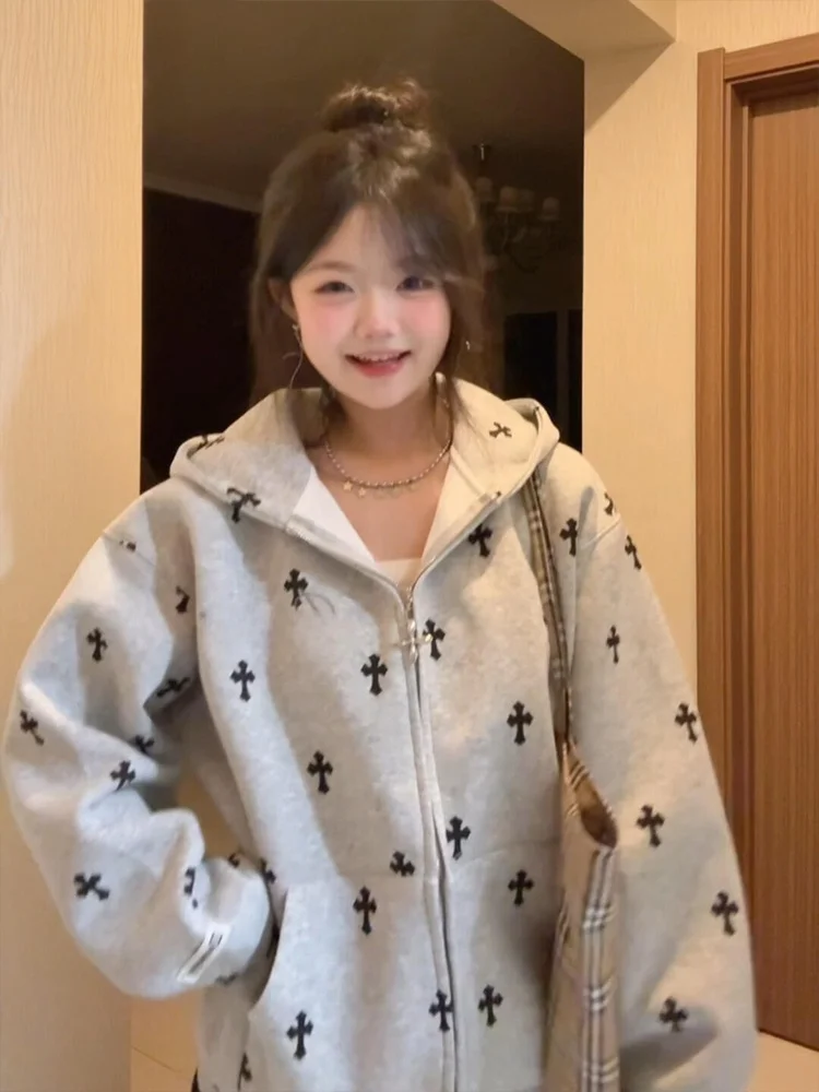 سترة كارديجان مطبوعة بغطاء للرأس على الطراز الأمريكي العصري، سترة فضفاضة عصرية للنساء بتصميم قوطي للخريف وللأزواج