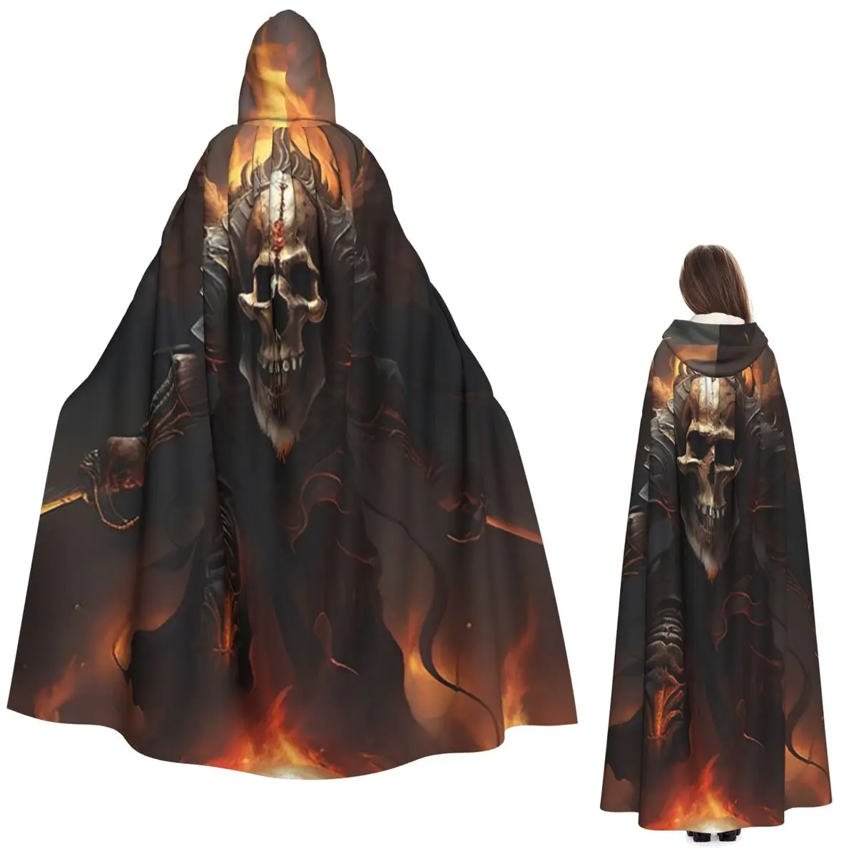

Skull Design With Swords And Wings In Front Of Flames Long Hooded Cloak Witch Medieval Costume Cosplay Cape HalloweenVampire
