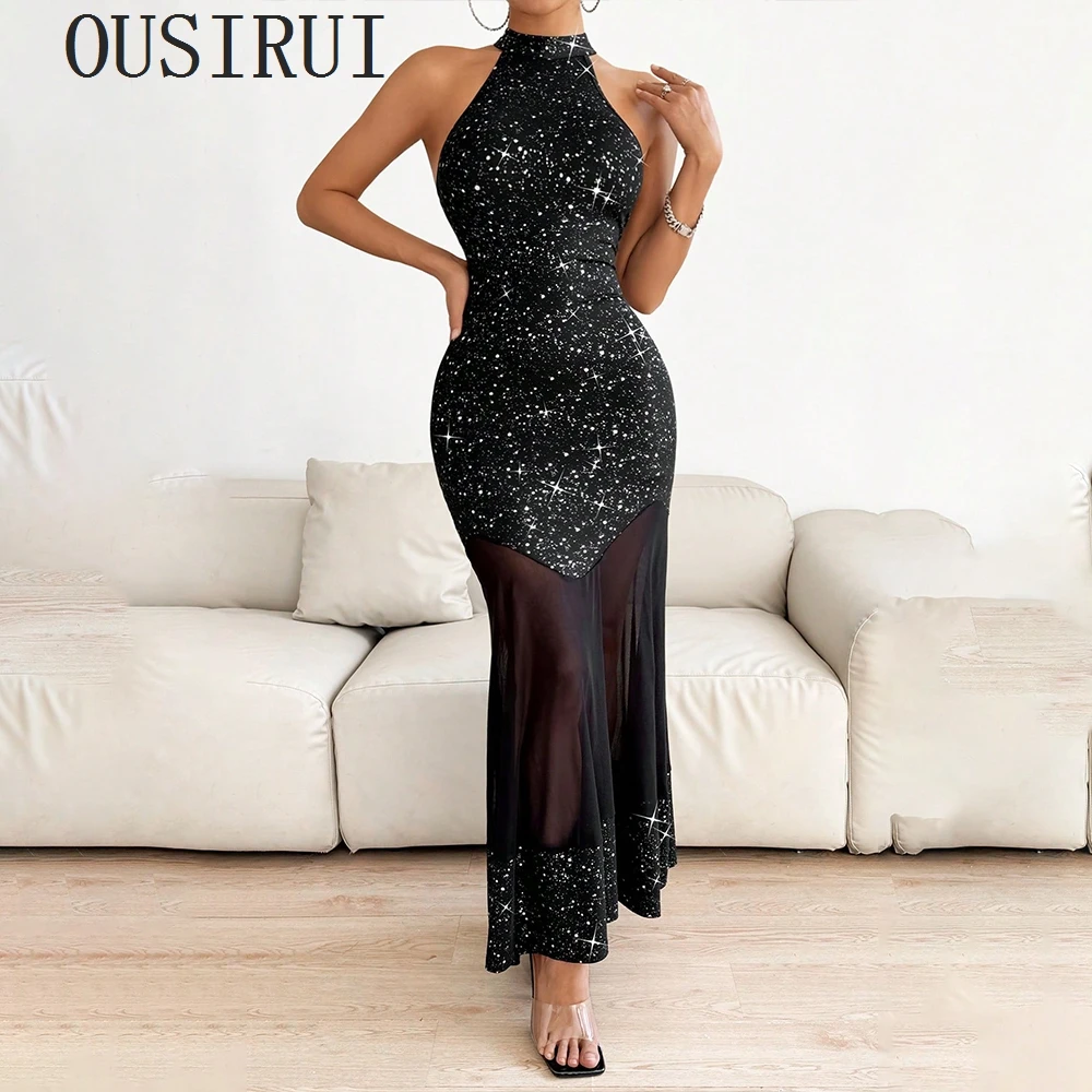 

OUSIRUI Fashion Women's Dresses Perspective Mesh Hanging Neck Summer Host Long Sleeveless Sexy Sequined Fit Party Dresses