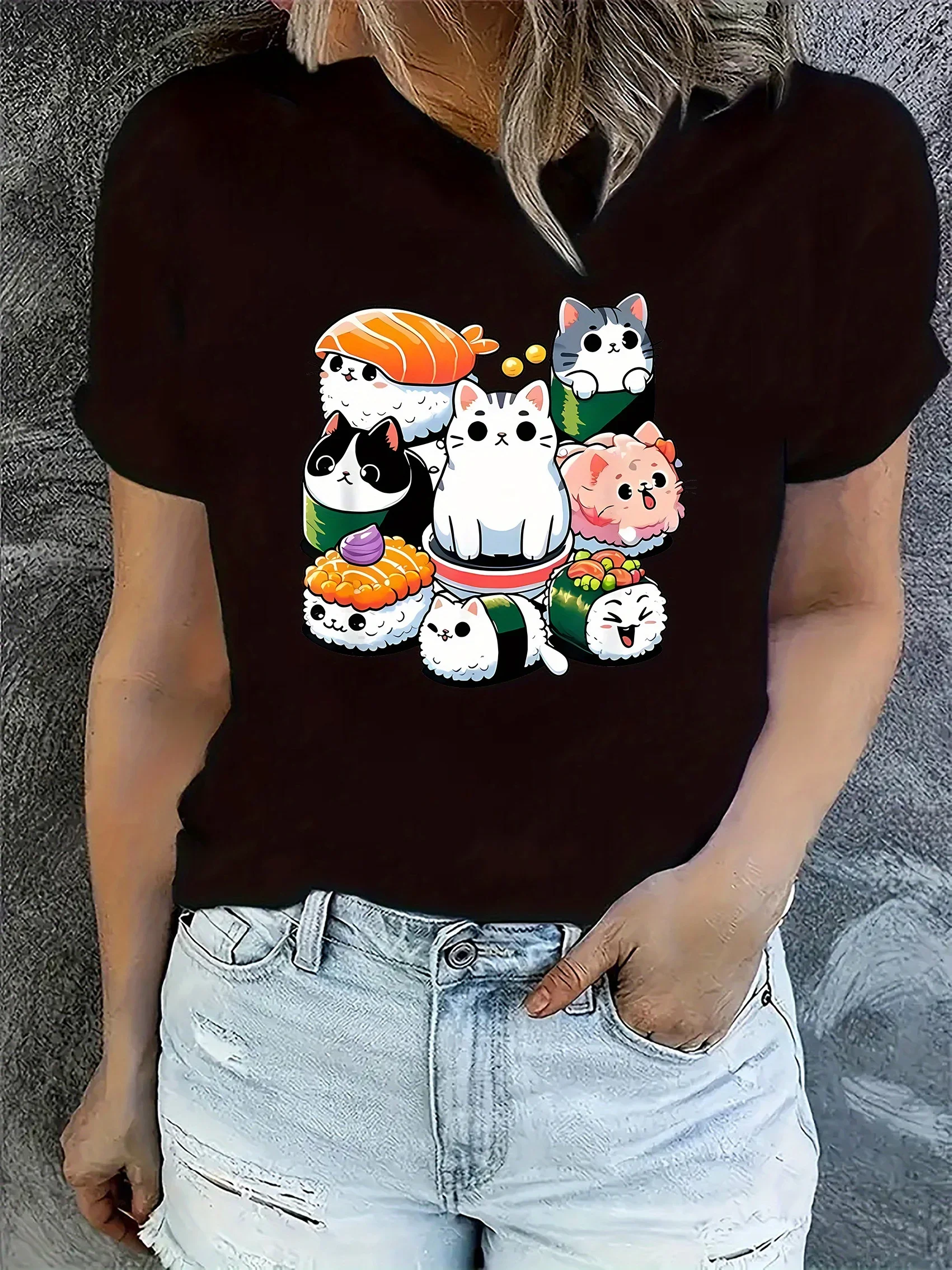 

Cartoon Sushi Cat Pattern Print Women's Fashion Trendy T-shirt Round Neck Short Sleeve Simple Casual Sports T-shirt
