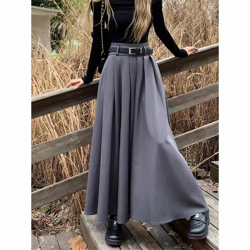 여성 빈티지 솔리드 컬러 JK 롱 스커트 소녀 우아하고 편안한 레저 드레스 여성 스위트 A라인 지퍼 플리츠 스커트