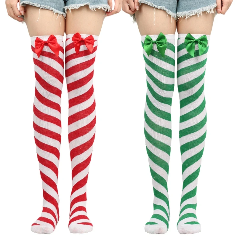 Women Striped Stocking Over The Knee Long Christmas Green Red Socks Bowknot