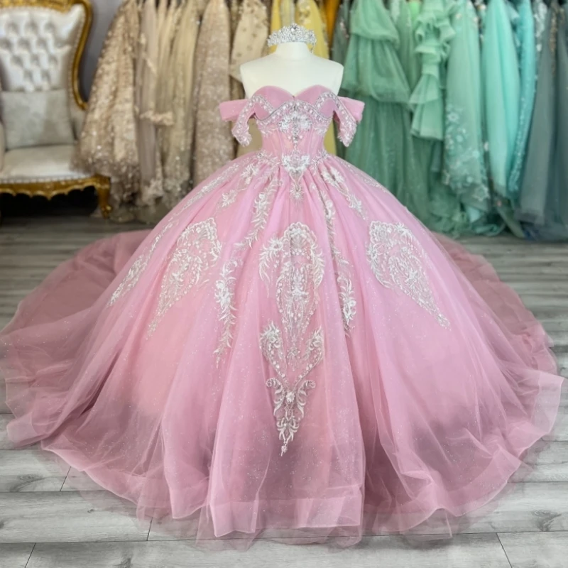 

Pink Shiny Ball Gown Quinceanera Dresses Off The Shoulder AppliqueLace Beading Crystal Tull Party Birthday Sweet 16 Dress