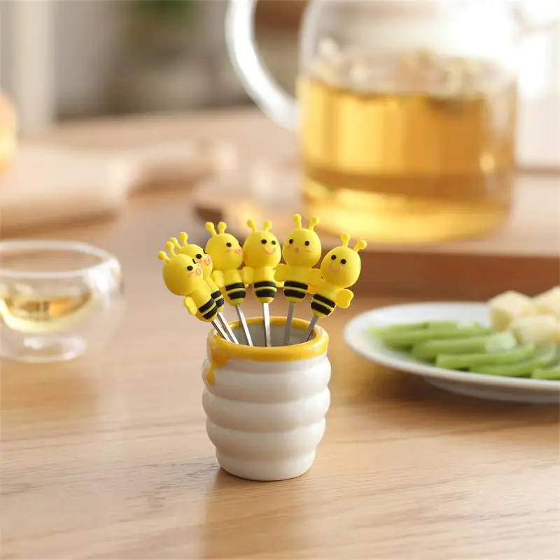 6pcs Silicone Honeybee Fruit Fork Cute Stainless Steel Creative Fruit Pick Set Ceramic Base