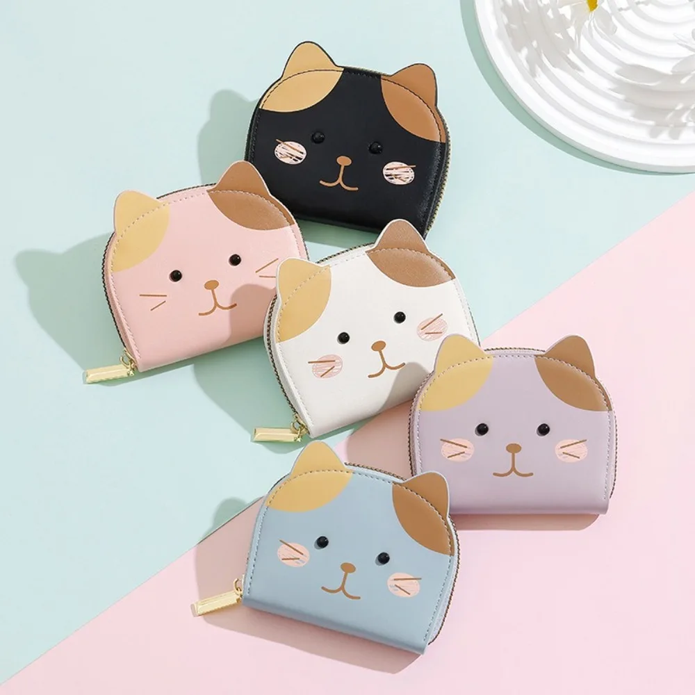 

Cute Cartoon Cat Pattern Wallet PU Leather Zipper Short Coin Purse Card Bag Multiple Card Slot Small Card Holder School