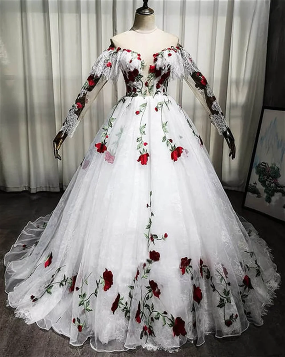 Mitzvah manga comprida vestido de casamento nupcial, apliques de tule múltiplo, decote querido, vestido de casamento, até o chão, 2023