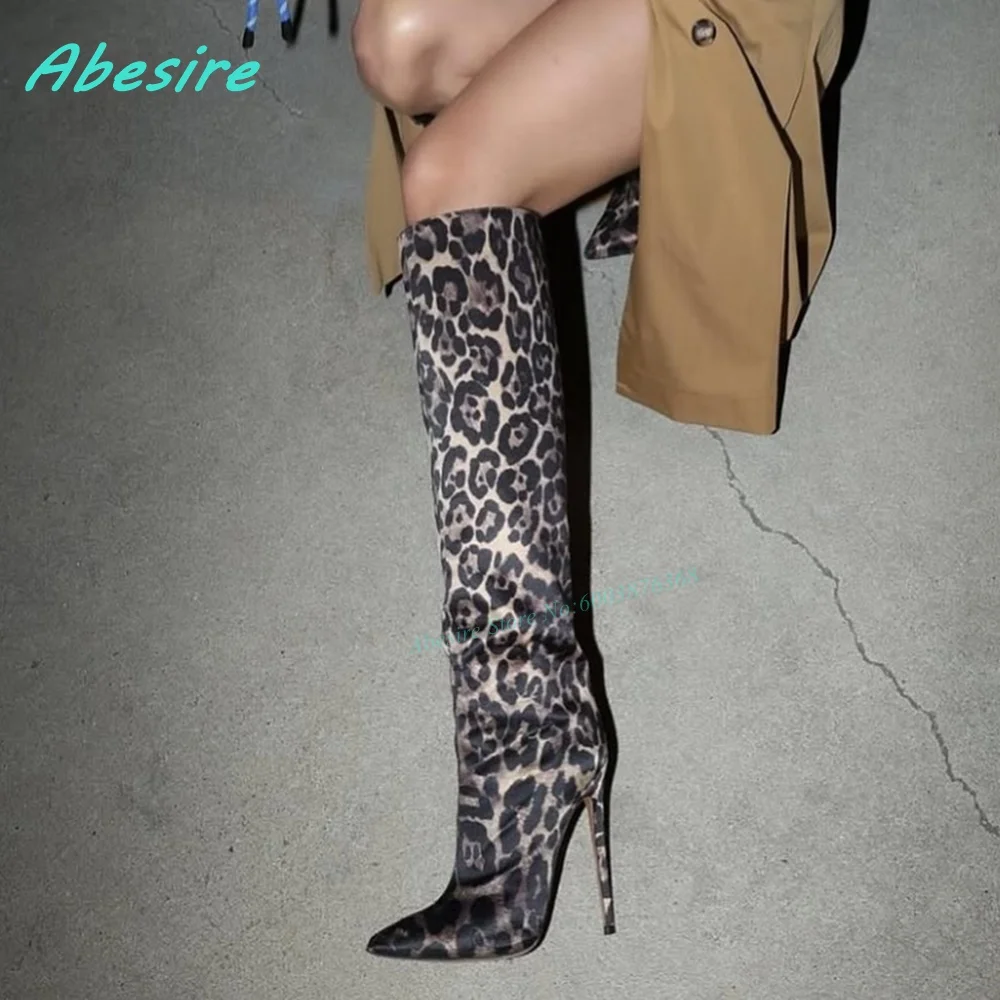 Leopard Pattern Patchwork Knee High Boots Pointed Toe Stiletto Heels Pleated Shoes for Women Spicy Girls Sexy Fashion Show Shoes
