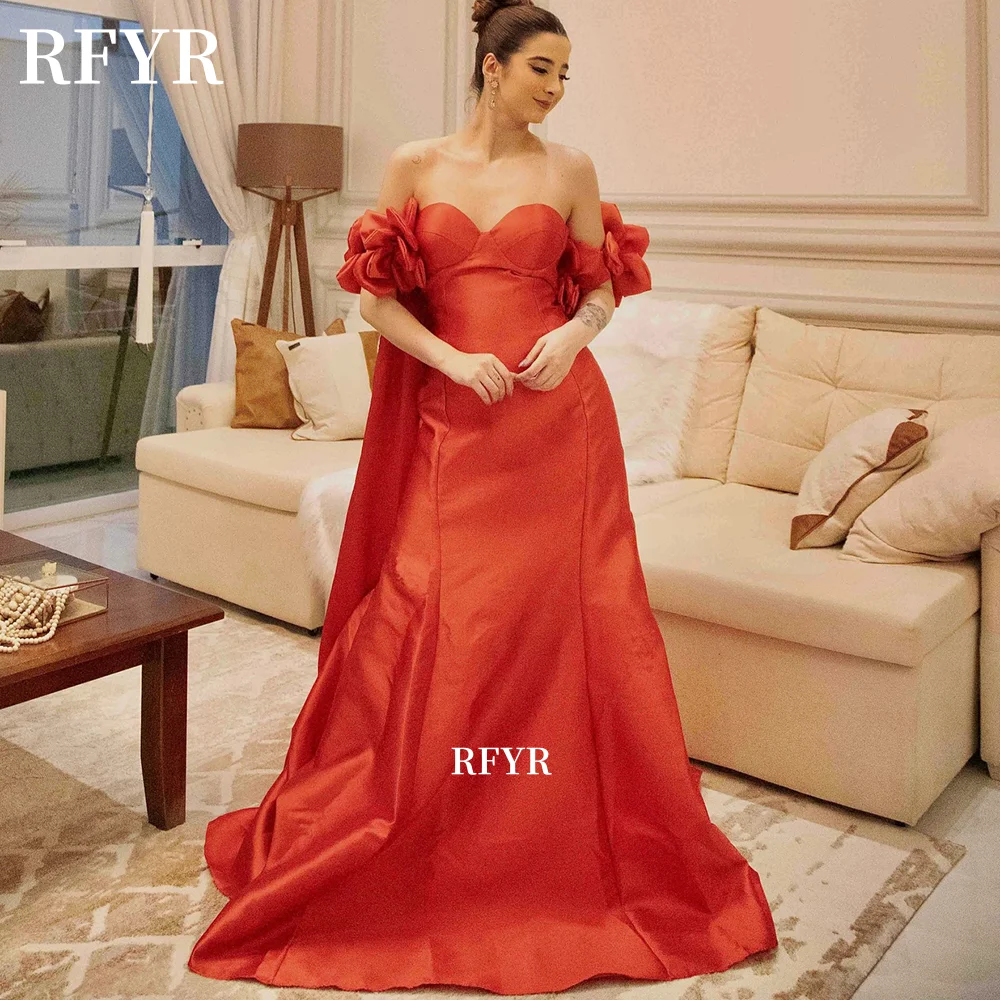 

RFYR Off Shoulder Party Dress 3D Flowers Evening Dress A Line Prom Dress Long Shawl Princess Dresses فساتين مناسبة رس Customized