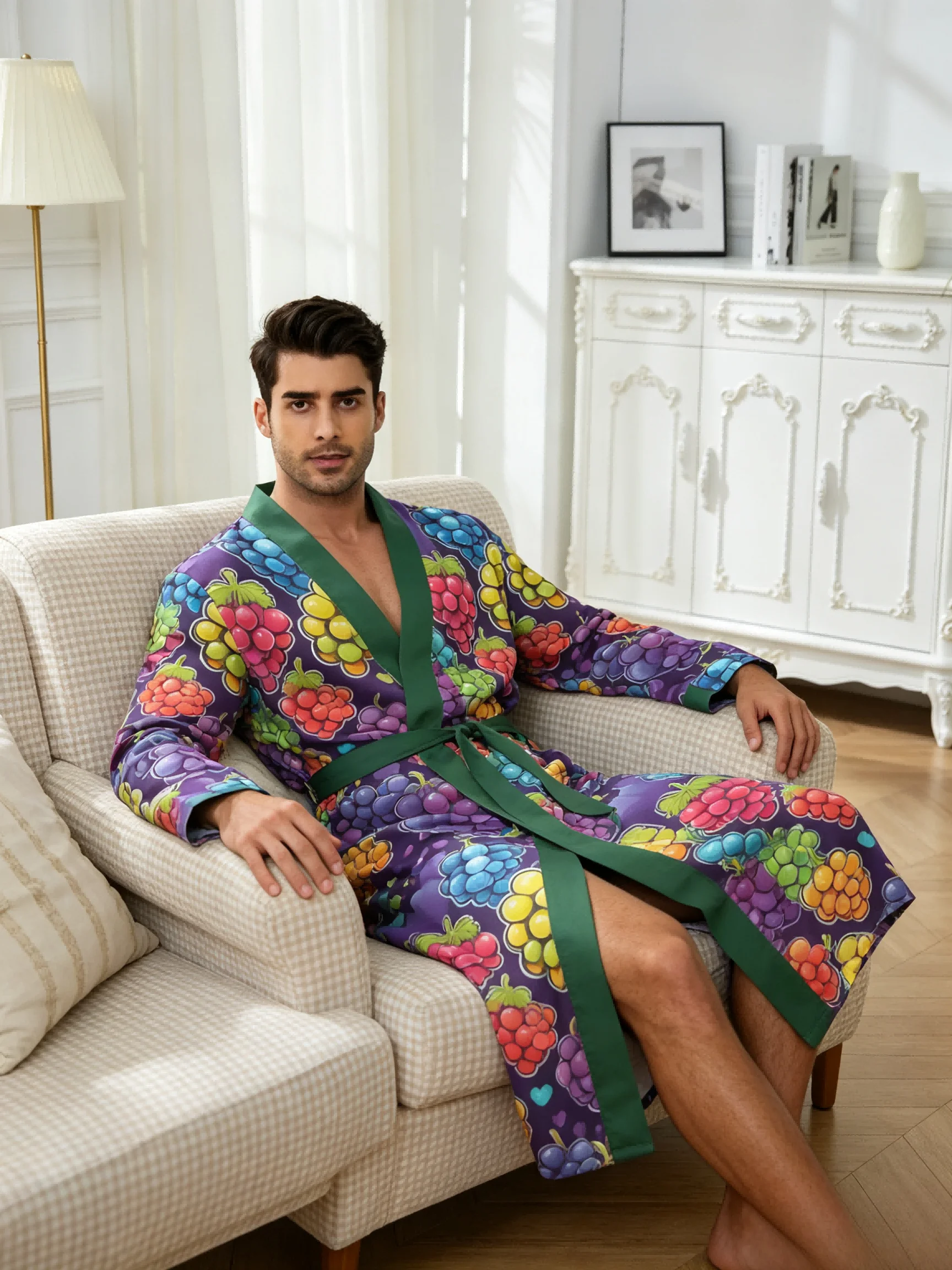 Men's lightweight quick-drying pajama bathrobe - 3D digital printing, non-fading design, stand-up collar and adjustable waistban