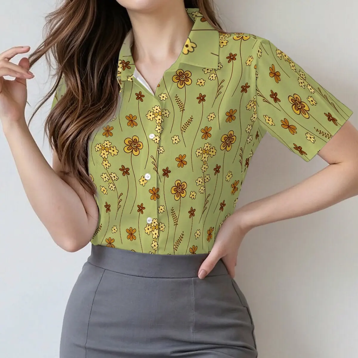 

Summer women's short-sleeve lapel shirt, summer style, artistic small floral print,gentle & lively for outdoor outings and dates