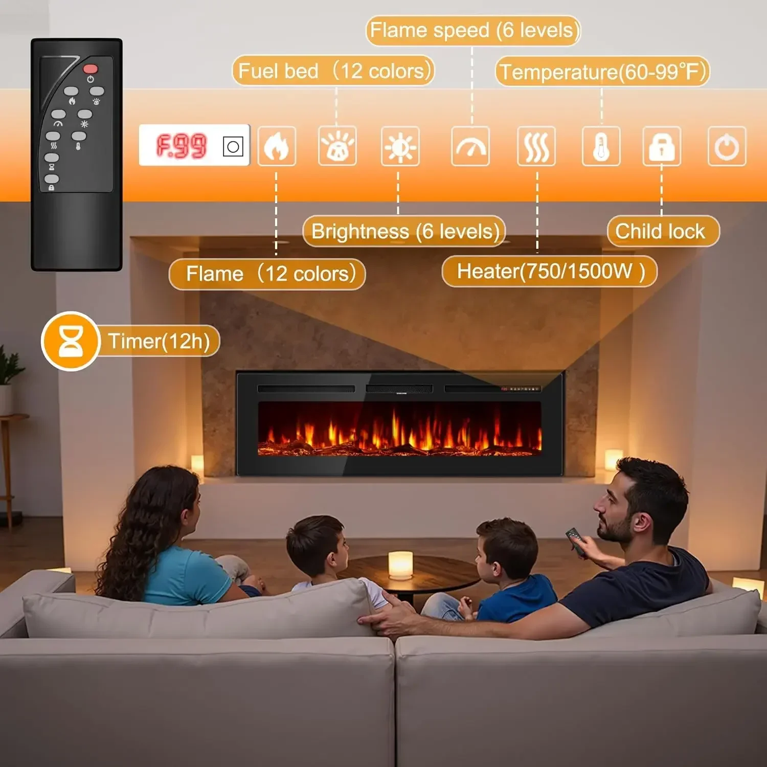 Chimenea eléctrica XMSJ de 50 pulgadas empotrable en la pared y montada en la pared, calentador de chimenea lineal ultrafino 750/1500W con F realista