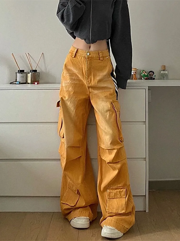 

2024 Pantalones Y2K Fashion Yellow Multi Pockets Baggy New Jeans Cargo Pants For Women Gothic Clothes Hip Hop Lady Long Trousers