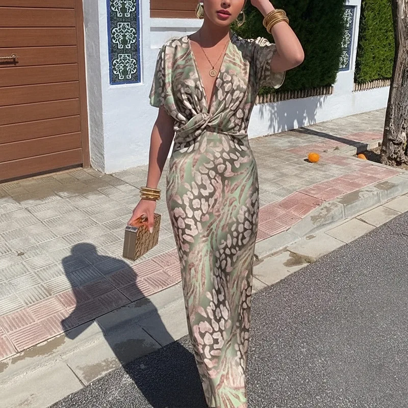 2026 Spring New Women's Fashion Knot Printed Sexy V-Neck High Waist Dress