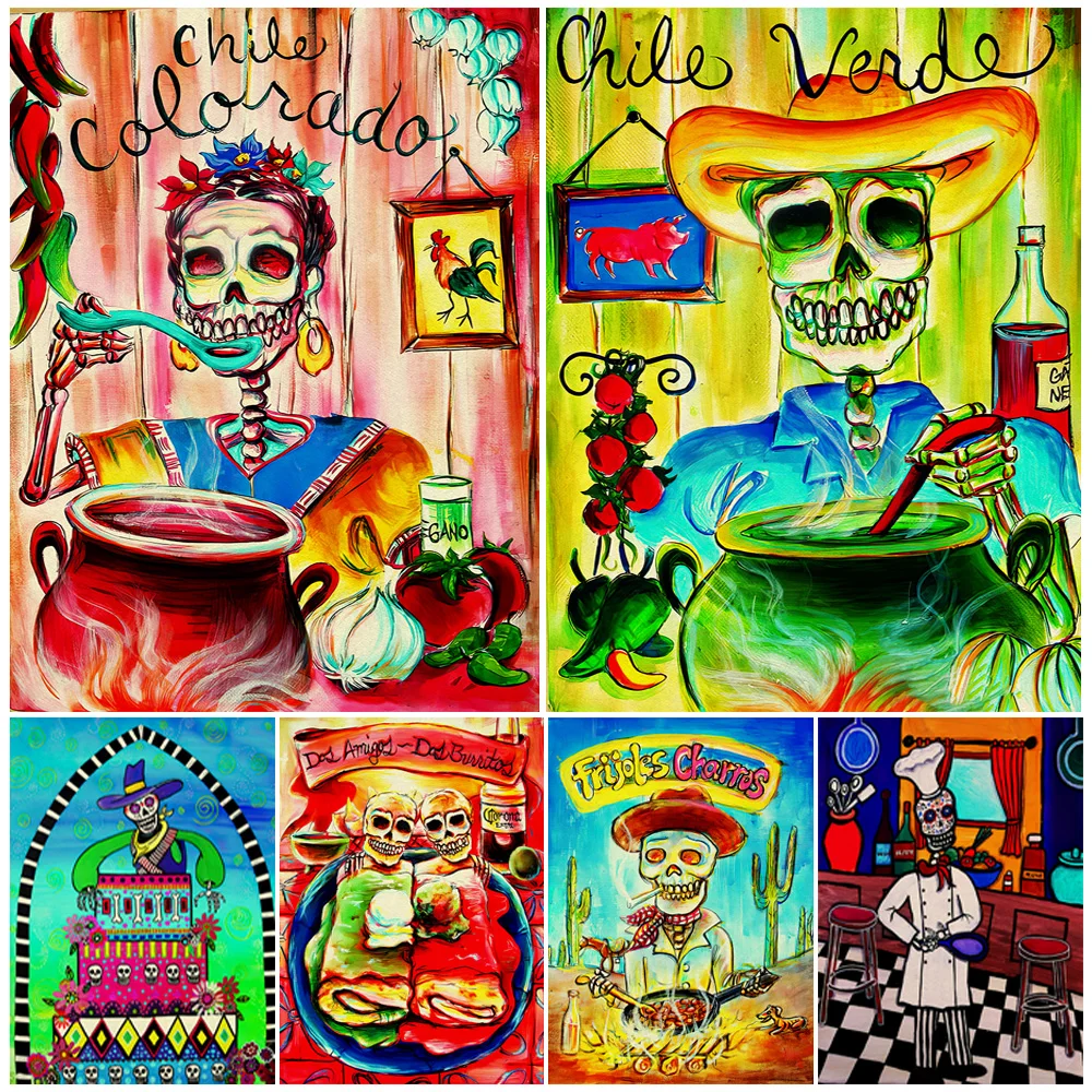 

Day Of The Dead Funny Skeleton Gothic Wall Art Canvas Painting Mexico Burritos And Pizza Skull Abstract Art Poster Print Decor