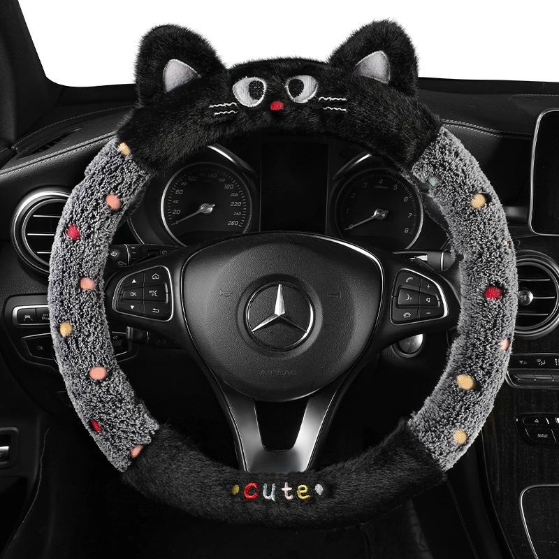 PKQ Universal Steering-wheel Wave Point Cat Plush Winter Car Steering Wheel Cover Winter fur Warm Car Interior Accessories