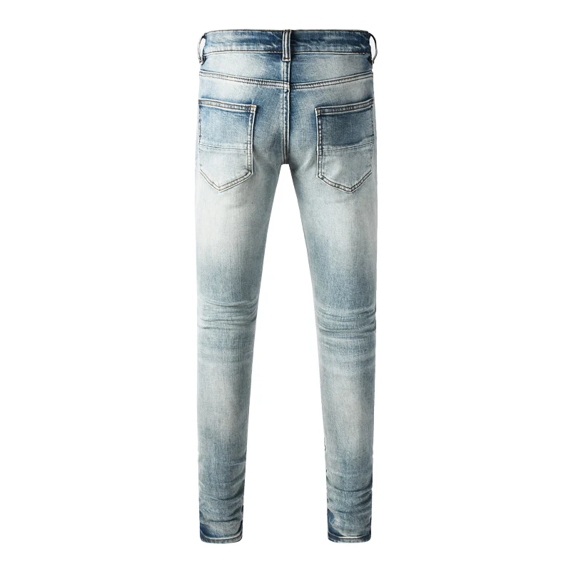 Men Light‑Blue Multi‑Hole Ripped Skinny Jeans Elastic Mid‑Waist Streetwear Denim Pantshombre